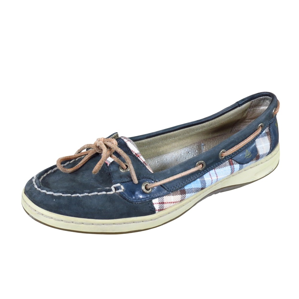 Sperry Angelfish Women Boat Shoe 9.5 Nautical Fashion Navy Blue Plaid Leather